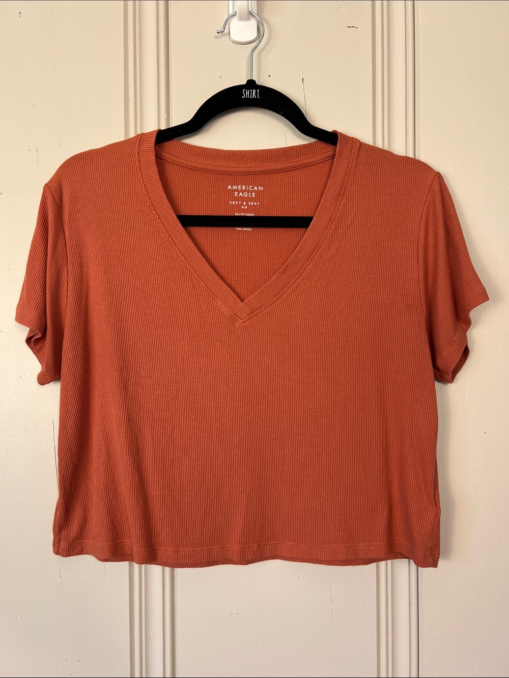 American Eagle Soft‎ & Sexy Ribbed V-Neck Tee XS Rust EUC